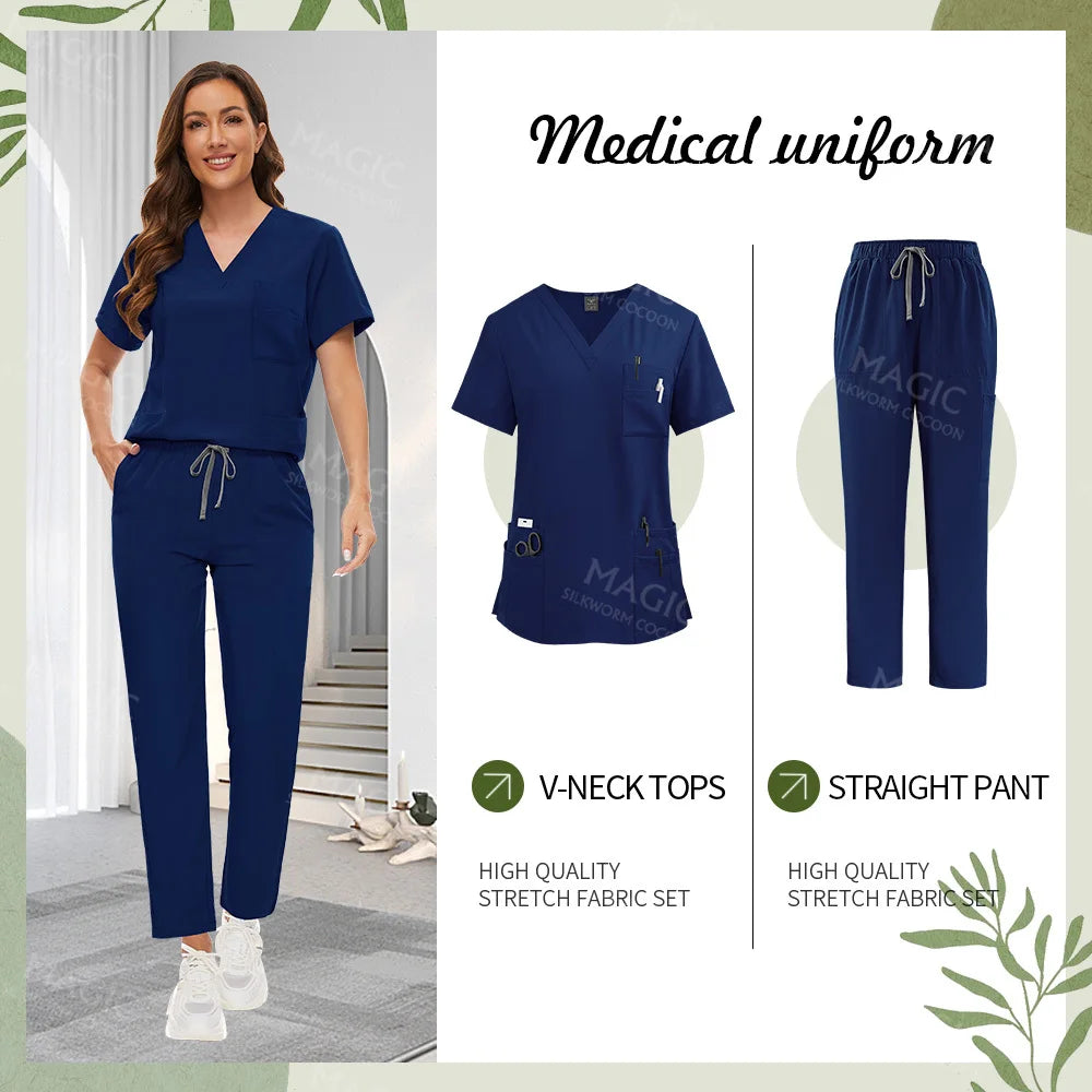 Surgical Uniforms Women Scrub Set Medical Accessories Nurse Beauty Salon Workwear Clinical Scrubs Top+Pant Doctor Nursing Suits