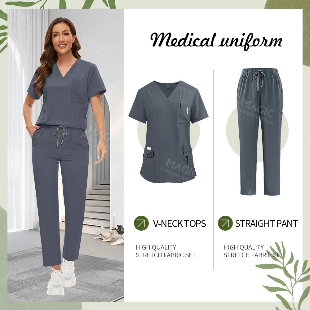 Surgical Uniforms Women Scrub Set Medical Accessories Nurse Beauty Salon Workwear Clinical Scrubs Top+Pant Doctor Nursing Suits
