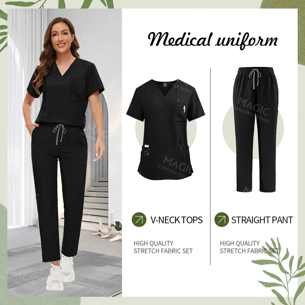 Surgical Uniforms Women Scrub Set Medical Accessories Nurse Beauty Salon Workwear Clinical Scrubs Top+Pant Doctor Nursing Suits