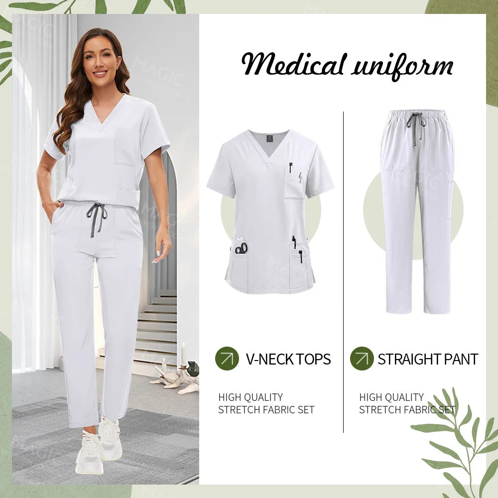 Surgical Uniforms Women Scrub Set Medical Accessories Nurse Beauty Salon Workwear Clinical Scrubs Top+Pant Doctor Nursing Suits
