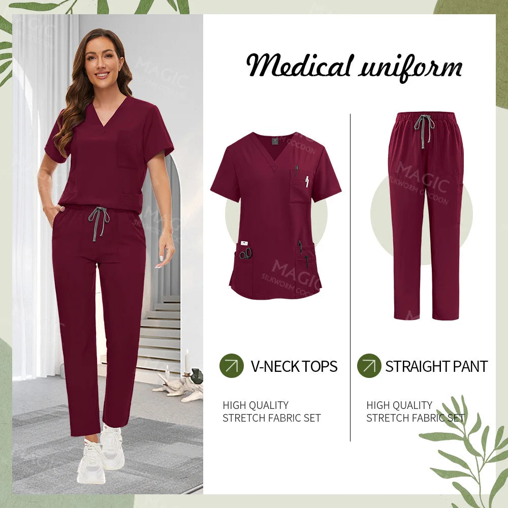 Surgical Uniforms Women Scrub Set Medical Accessories Nurse Beauty Salon Workwear Clinical Scrubs Top+Pant Doctor Nursing Suits